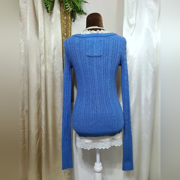 ♡ Y2K ♡ Hollister Blue Cableknit Rabbit Hair V Neck Long Sleeve Sweater - Picture 7 of 10